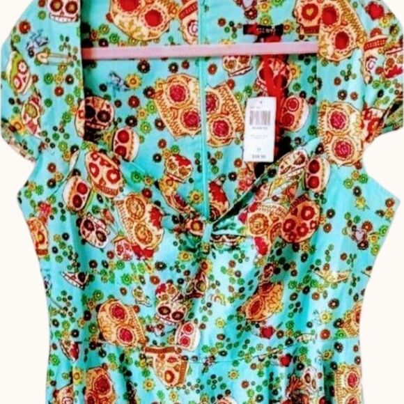 Hell Bunny Plus Size Retro Chic Sweetheart Neckline SkullHearts,Swing Midi Dress - Picture 4 of 15